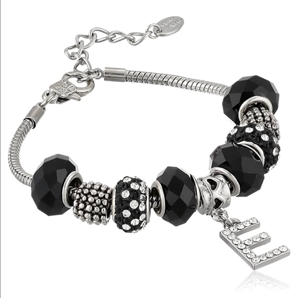NWOT Glass Initial E Charm Bracelet Black & Silver